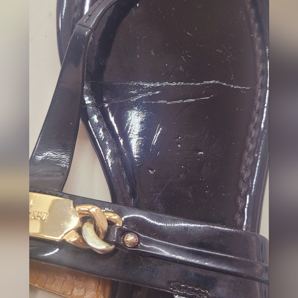 Coach Black Patent Leather T-Strap Sandals with Gold Plaque - Picture 10 of 10